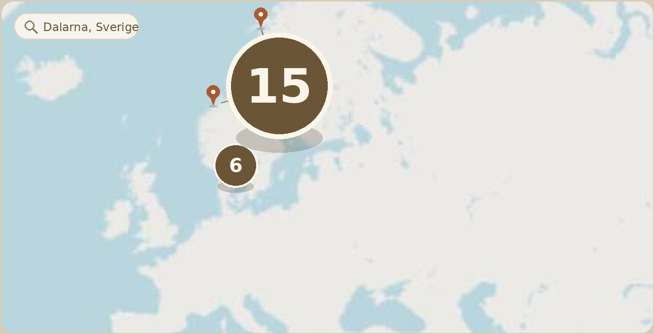 Kartan över My Echoes — klustrade platsnålar för familjers minnen i Norden